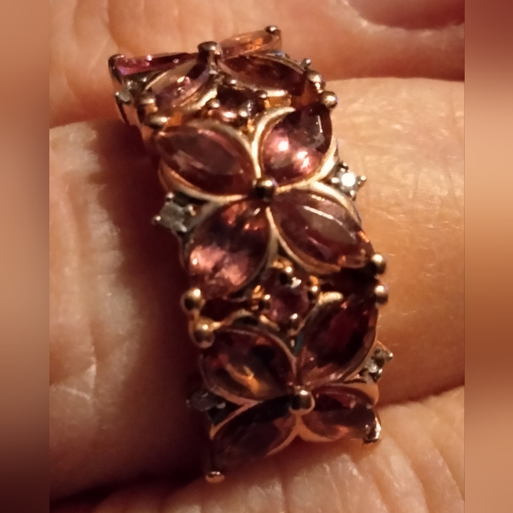 Pink Tourmaline and White Zircon in a Floral Design Ring in Vermeil RG O/SS